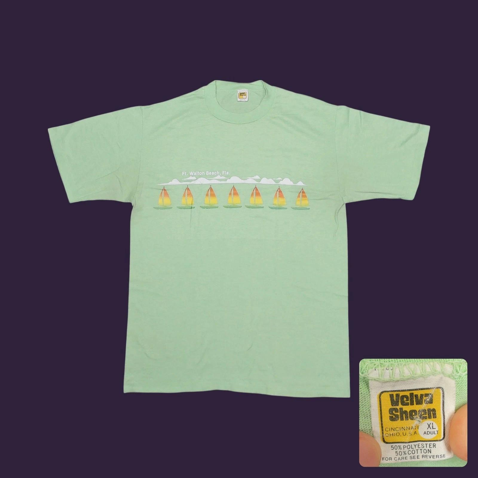 

70s Velva Sheen Mens Large T Shirt Ft Walton Beach Florida Sailboat Pastel Green S