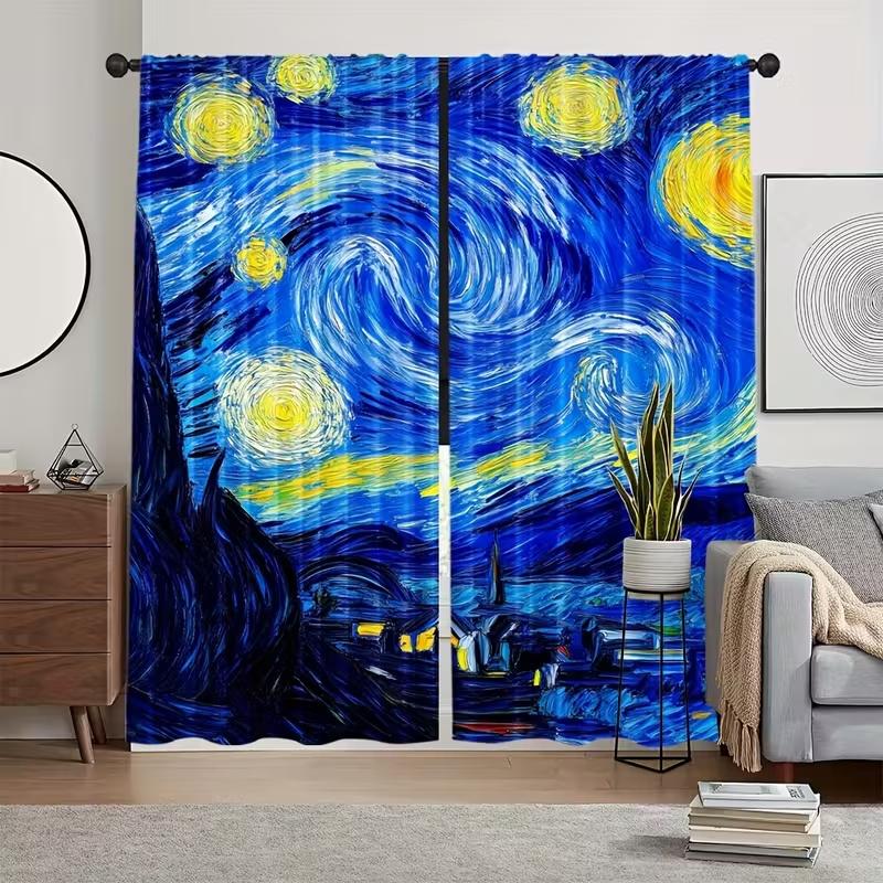 2PcsOil Painting Starry Sky Print Curtains,suitable for Bedroom,living Room Kitchen Decoration,home Decoration,window Decoration