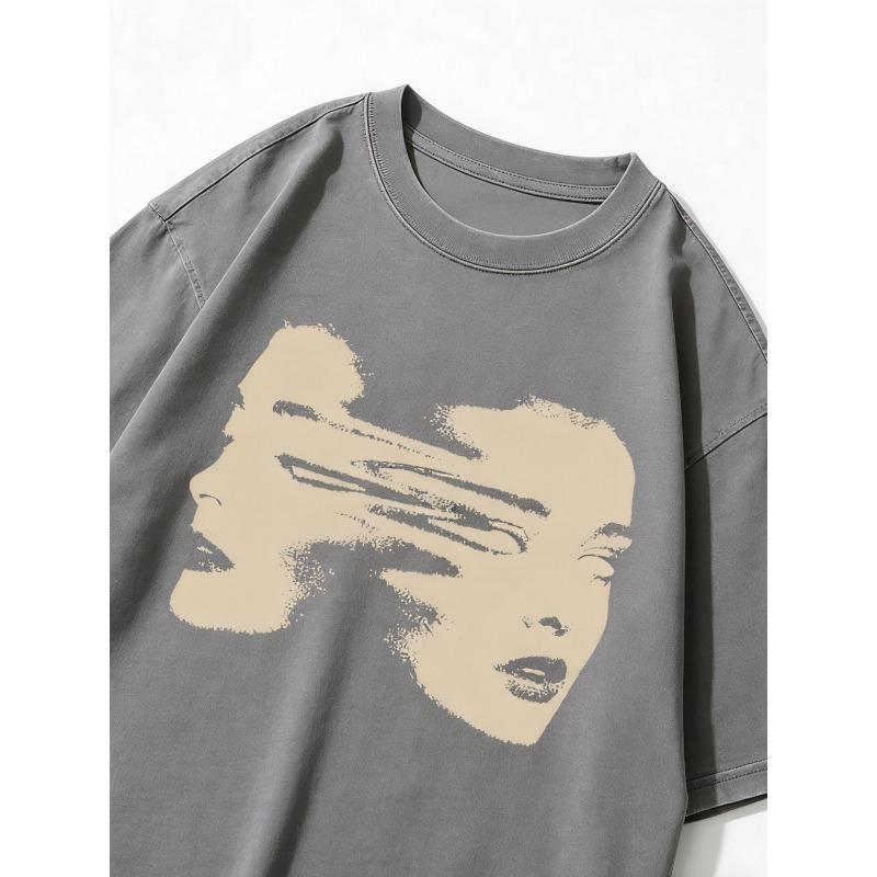 

European Size Abstract Face Print Summer Trendy Oversized Shoulder Sleeve Extra Large Vintage Distressed Pure Washed Craft Round Neck T Shirt S серый