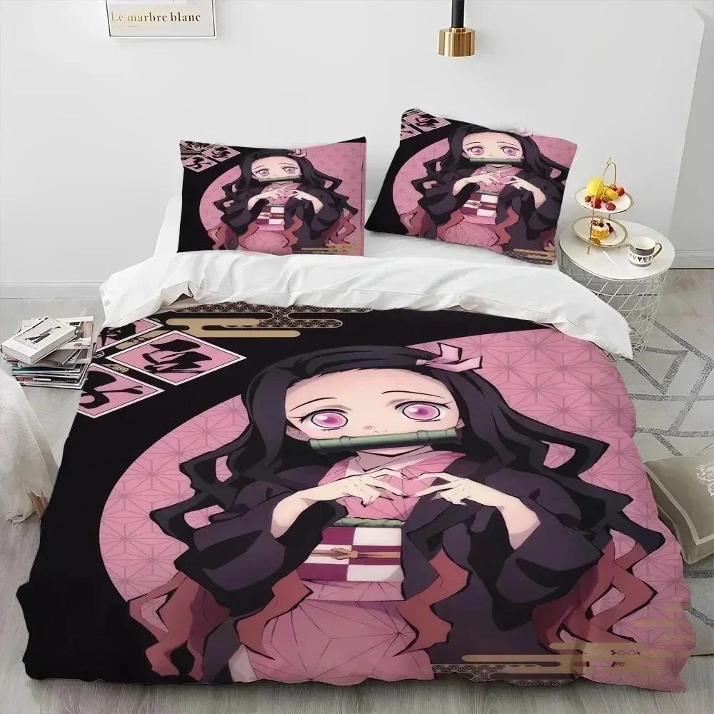 Conjunto de Roupa de Cama Dupla Infantil com Capa de Edredom e Fronhas do Anime Demon Slayer - Venda Quente 3D - Decoração de Quarto de Casa - Presente para Meninos Meninas
