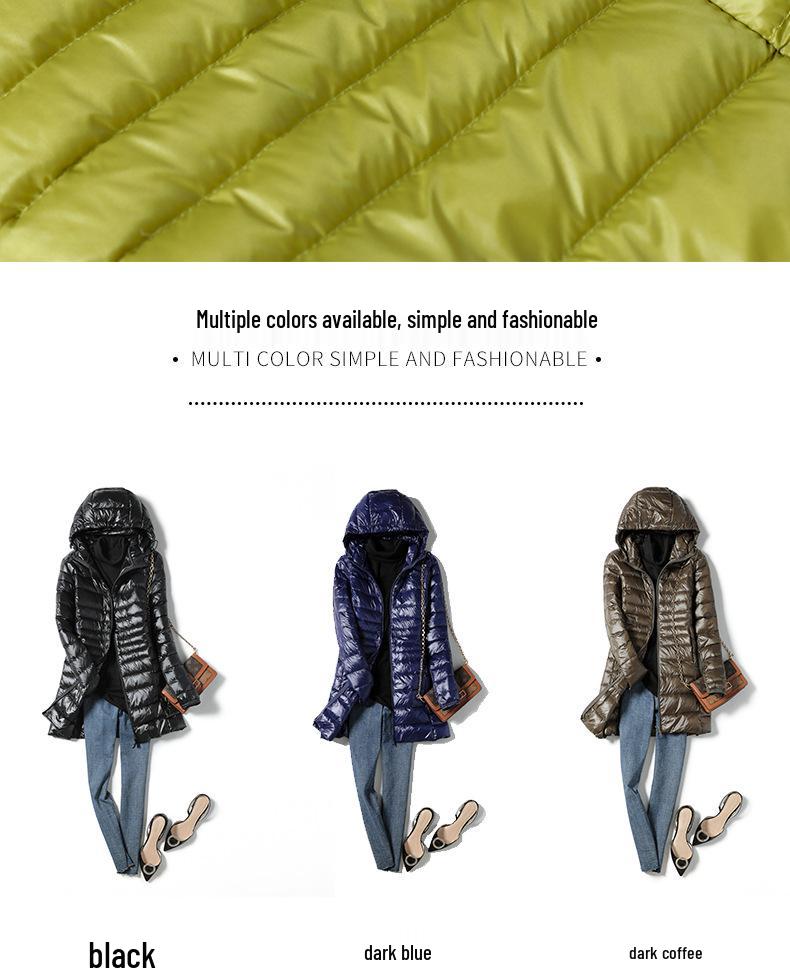 2023 Winter Women's Mid-Length Lightweight Hooded Down Jacket, Plus Size, Thin Style, Extra Large 