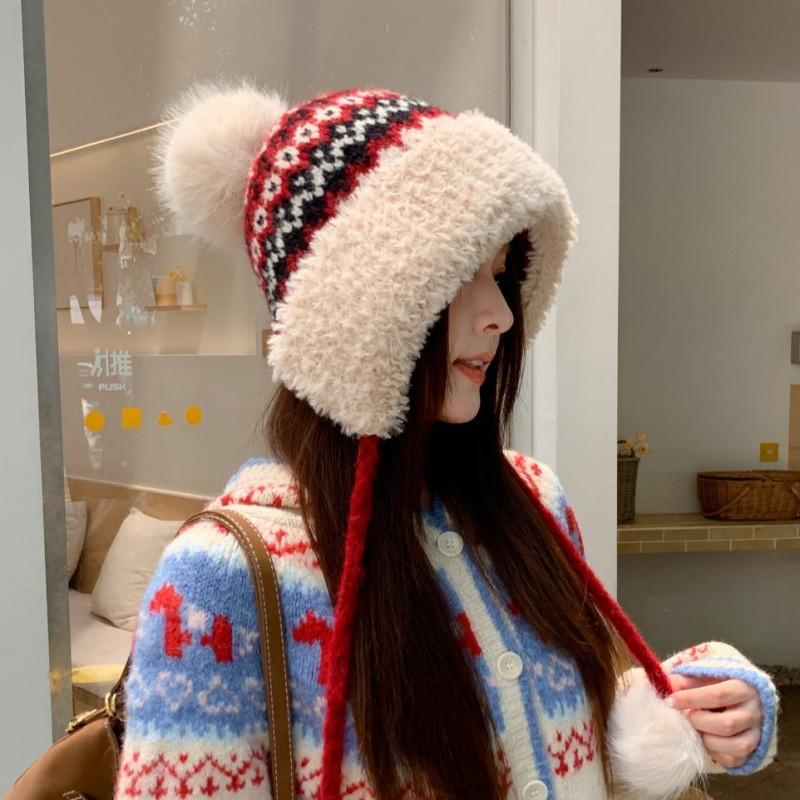 Winter Dicke Warme Mütze mit Ohrenklappen Damen Niedlich Plüsch Quaste Gestrickt Outdoor Kälteschutz