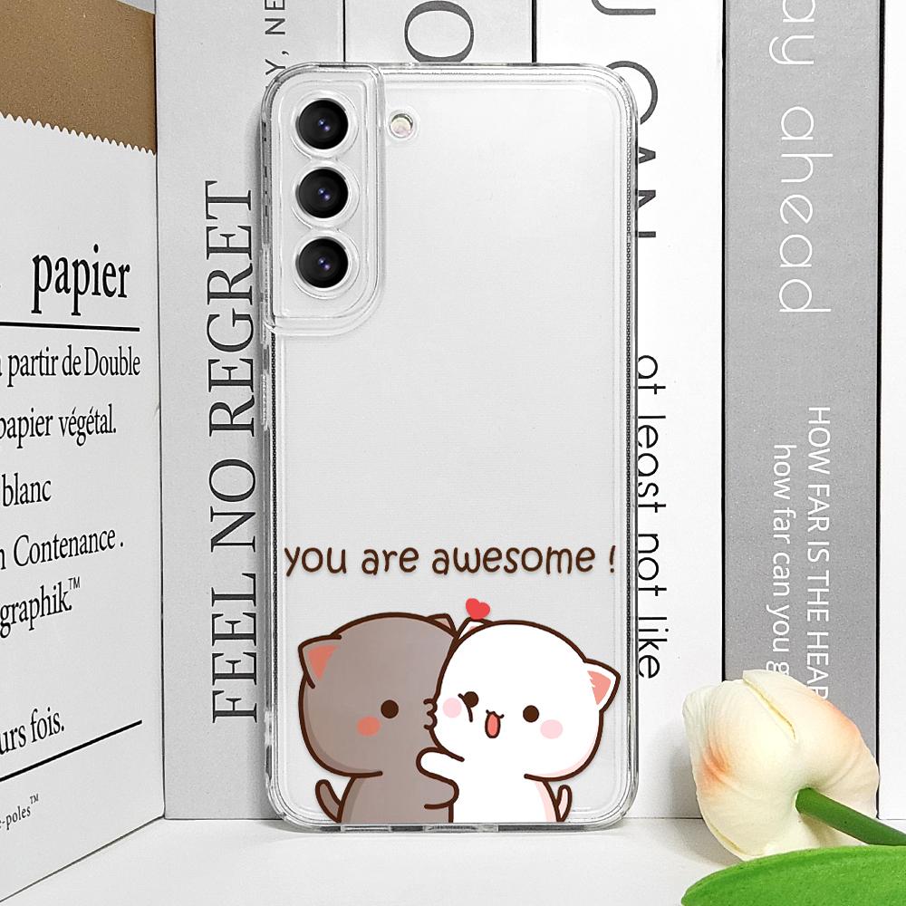 Funny Cartoon Peach Mochi Cat Phone Case for Samsung Galaxy S24 S23 S22 S21 S25 Ultra Plus FE 5G Clear Soft Covers Couple Fundas