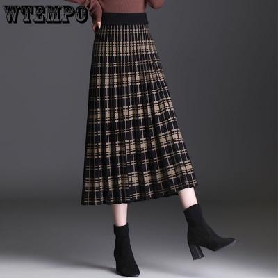 Women's Thickened Knitted Skirt Mid Length A-line Skirt Women's Autumn and Winter High Waisted Long Skirt