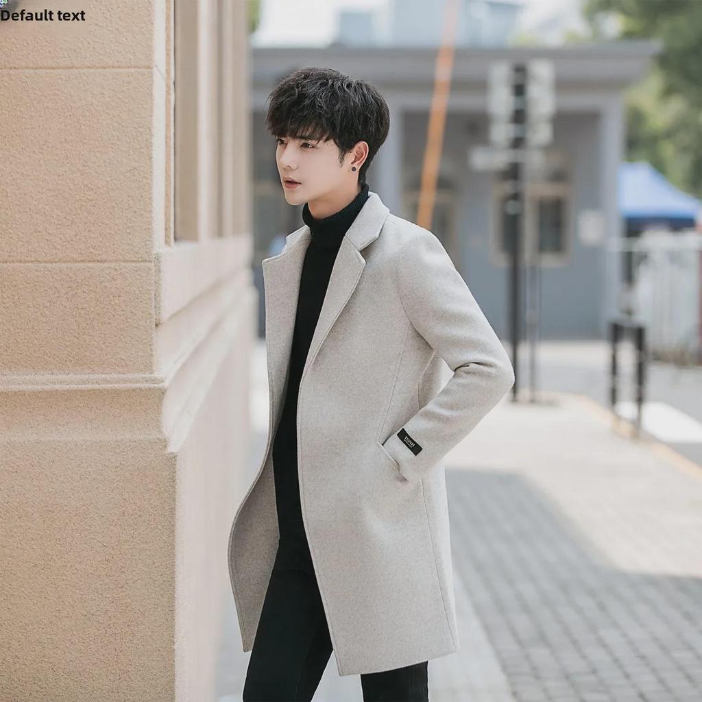 Men's 2022 Korean-Style Woolen Windbreaker Coat with Plus Velvet Long Jacket.