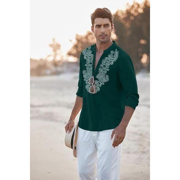 Herren Baumwollmischung Kurzer Kurta mit langen Ärmeln und ethnischem Halsausschnittdesign | Lässiger Knitterstruktur-Kurta mit Stehkragen