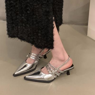 2024 NEW Summer Pointed Belt Buckle Thin Heel Belt Buckle Single Shoes Women's Baotou Silver Back Empty High-heeled Sandals