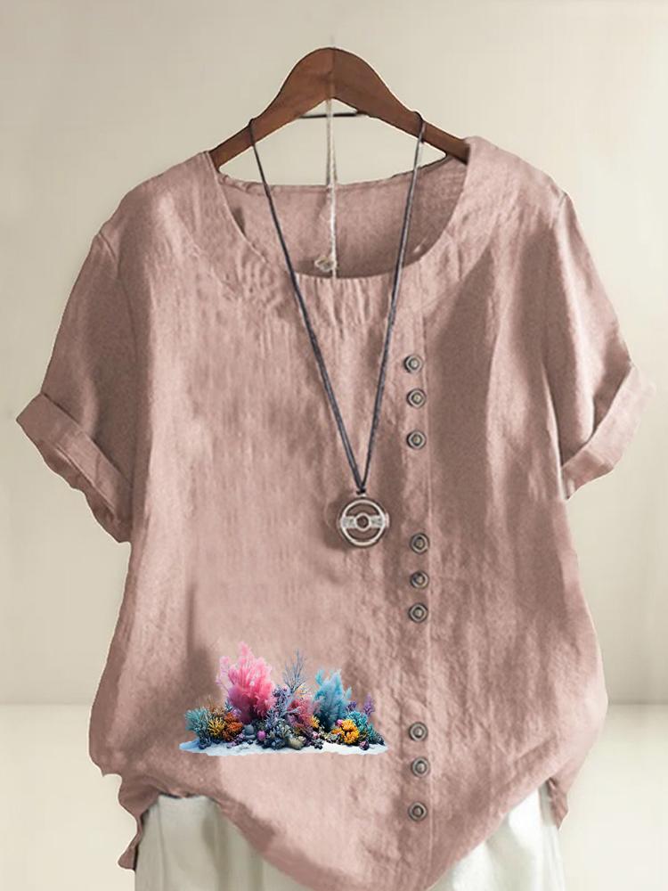 

Женская Модная Коралловая Печать Короткий Рукав Футболка Свободная Хлопковая Рубашка Повседневная Свободная Летняя Блузка Топы Большого Размера S розовый