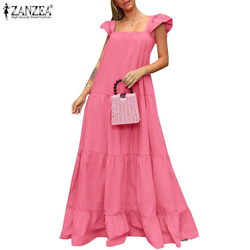 

ZANZEA Праздничное платье Женщины Повседневные безрукавки Оборки Длинное платье