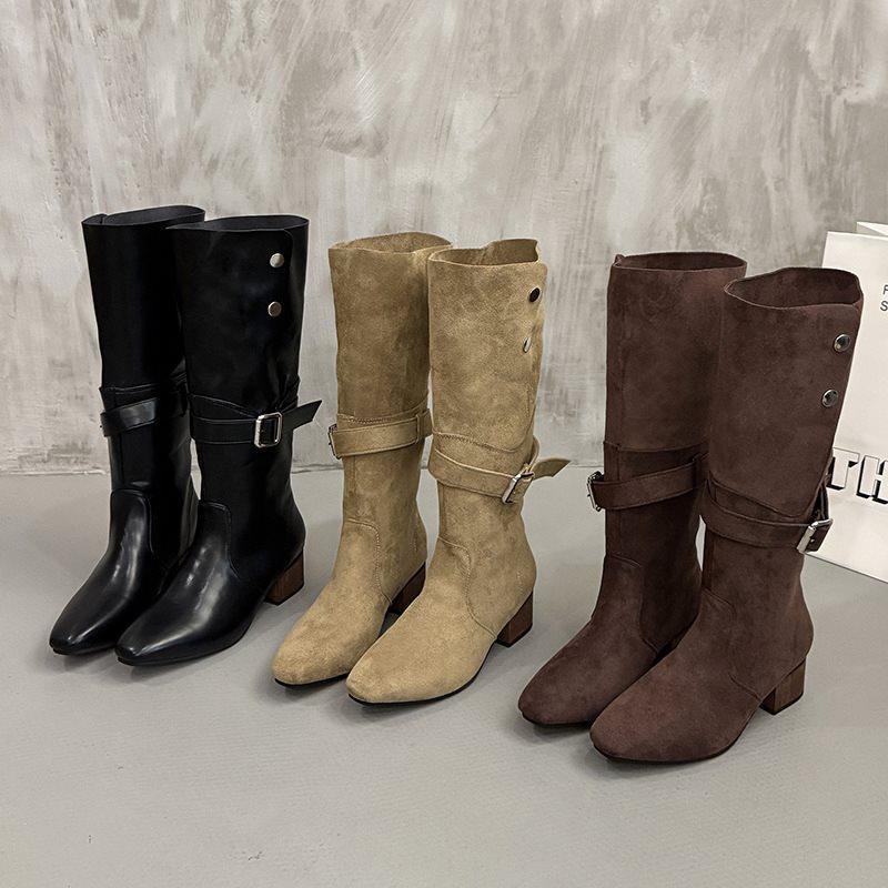 Suede Pile High Heel Thick Heel Autumn and Winter Two Wear Long Tube Medium Boots Pointed Belt Buckle Fashion Boots 2025 Women's New Models