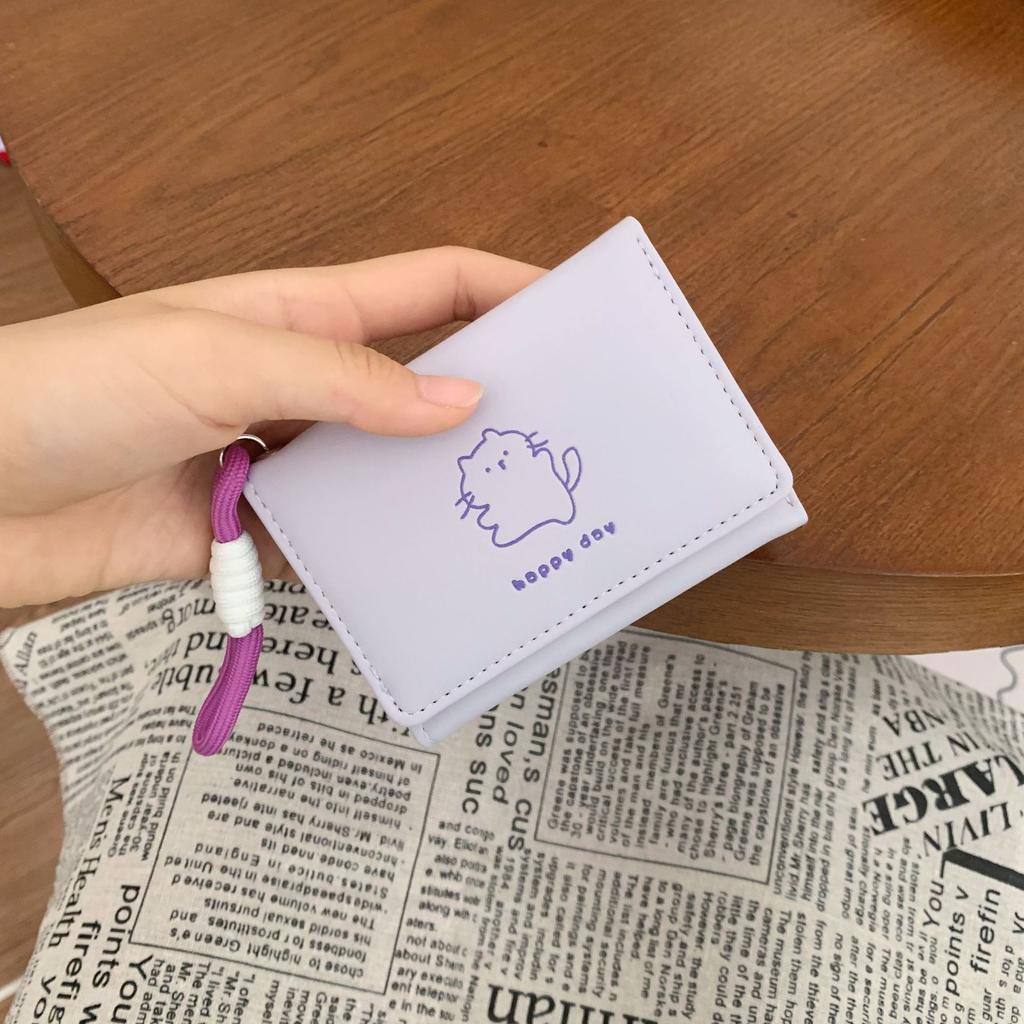 Bear Printed Wallet Ins Female Multifunctional Cute Student Storage Card Pack Triple Fold Lanyard Wallet