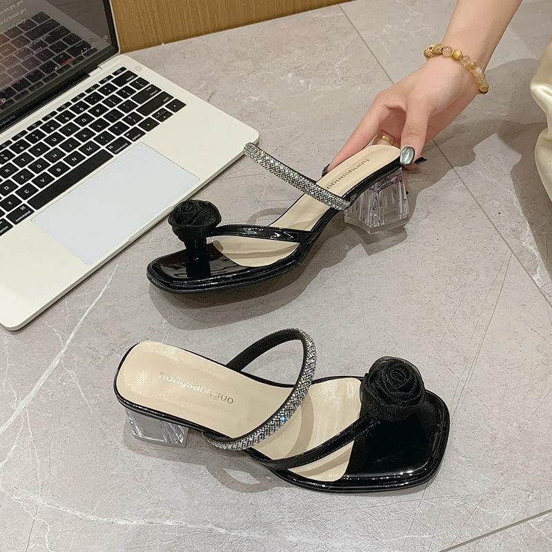 

Fashion Women s Chunky Heels 2025 Summer New Fashion Floral Rhinestone Shoes Comfortable Slippers Elegant Medium Heel Slingbacks Sandals 35 чёрный