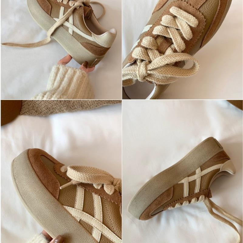 Cowhide color matching platform spring new round head lace-up casual board shoes retro ah Gan shoes
