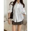 Casual Puff Sleeve Pleated White Shirts for Women Fashion Patchwork Simple Single Breasted Loose Blouses Tops Women Solid Lapel Vintage Blouse 26288
