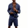 Men's Cotton And Linen Casual Long-Sleeve And Shorts Set