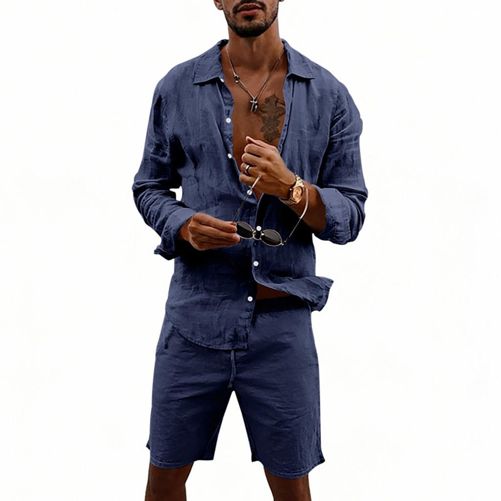 Men's Cotton And Linen Casual Long-Sleeve And Shorts Set