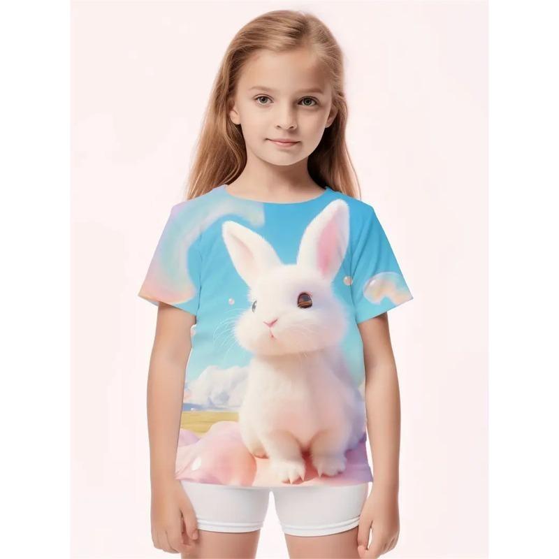 Cute Rabbit Short Sleeved Shirt Cartoon Print Girls Children Soft Comfortable T-Shirts Girls