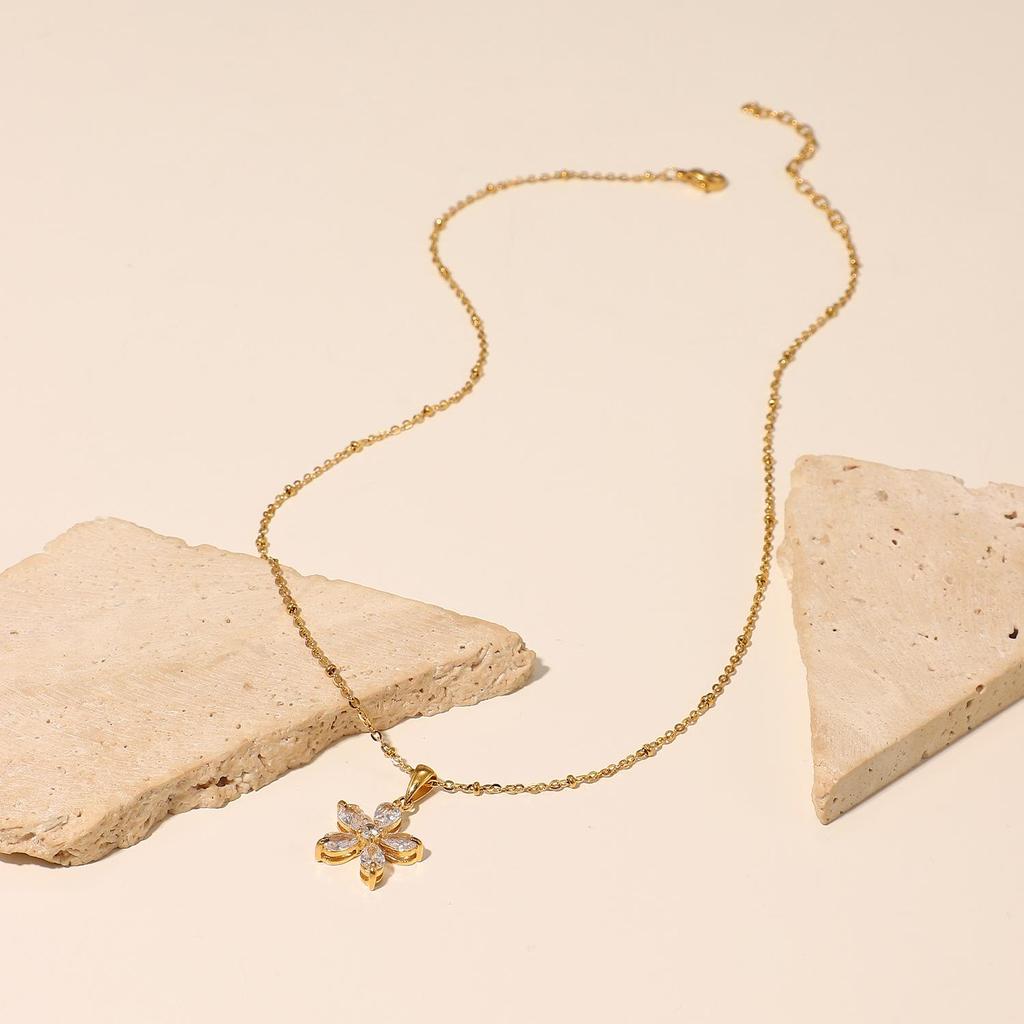 INS New Flower Necklace: 18K Gold-Plated Stainless Steel with 16mm White Zircon Five-Petal Flower Pendant for Women