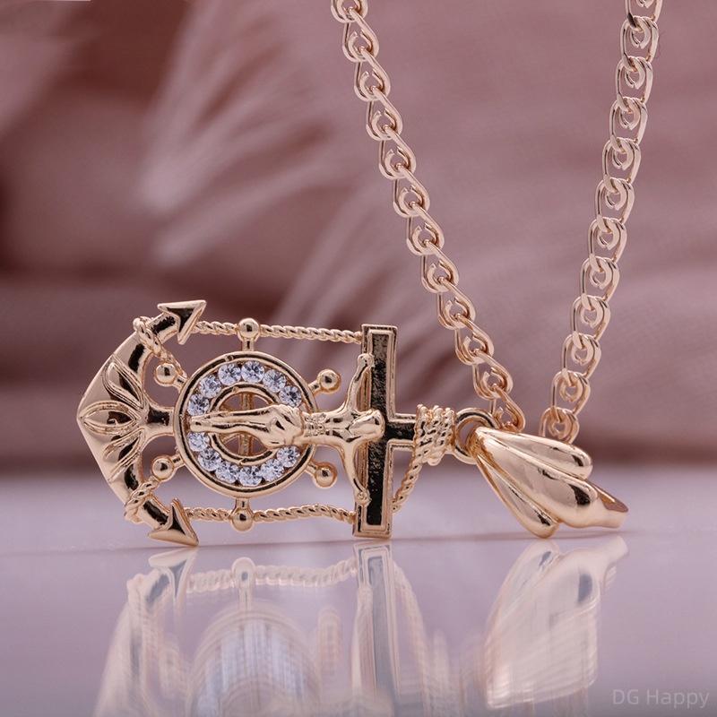 Fashion Hollowed Out Creative Boat Anchor Pendant Necklace Artificial Zircon Rose Gold Color Italian Craft Retro Style Necklace