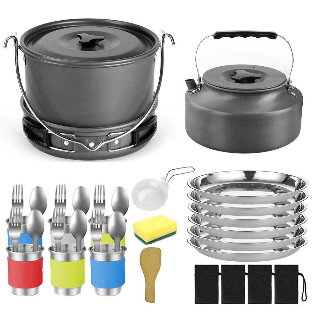 Tetera de Camping para Exteriores de 1.6L y Juego de Utensilios de Cocina Apilables con Olla Colgante y Plato Profundo