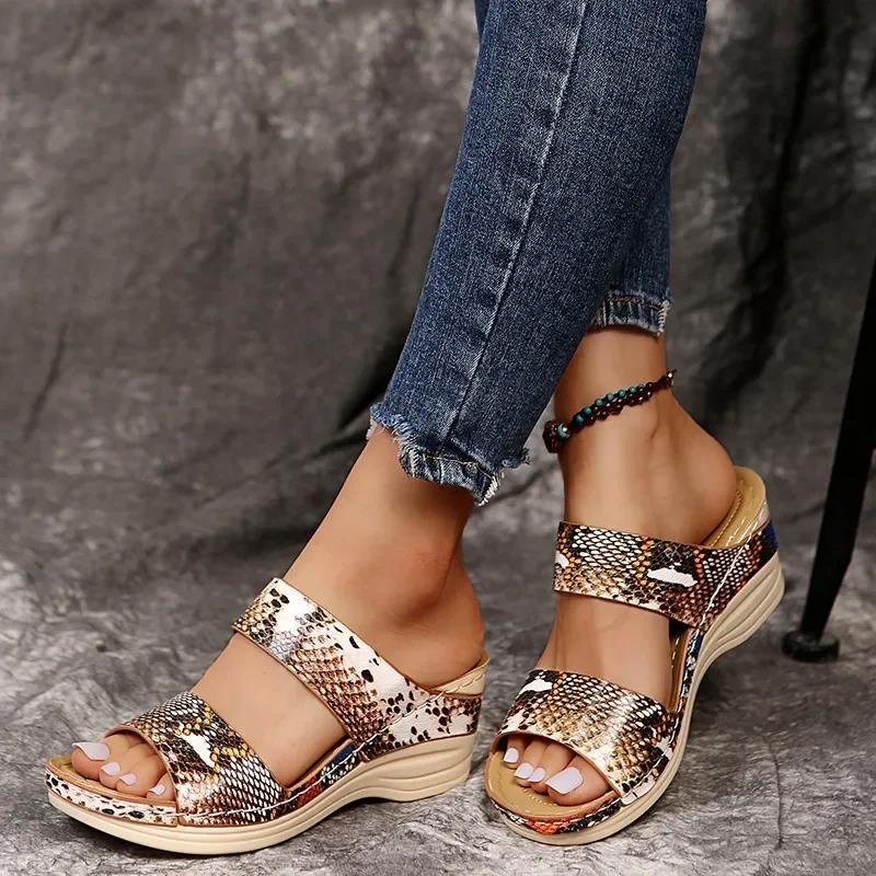 Summer Wedge Women Sandals Thick-soled Retro Roman Flip-flops Casual Leopard Print Snake Print Beach Shoes Zapatillas De Mujer