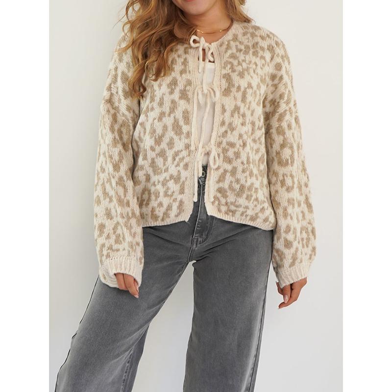 New In Leopard Print Round Neck Lace-up Knitted Cardigan Women Autumn Winter Trendy Streetwear Sweater Coats