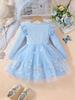 Girls Blue Castle Print Tulle Dress Kids Ruffle Long Sleeve Princess Dress