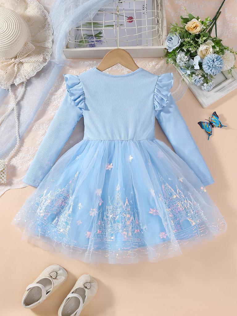 Girls Blue Castle Print Tulle Dress Kids Ruffle Long Sleeve Princess Dress