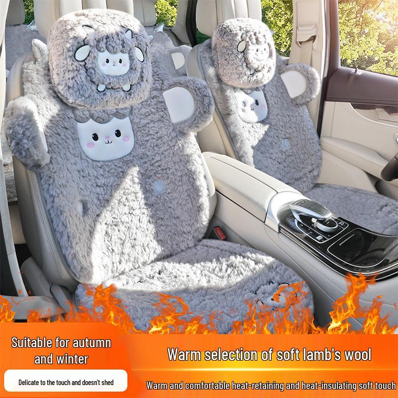Women's Cute Cartoon Plush Winter 3-Piece Car Seat Cushion Set for Five-Seat Vehicles