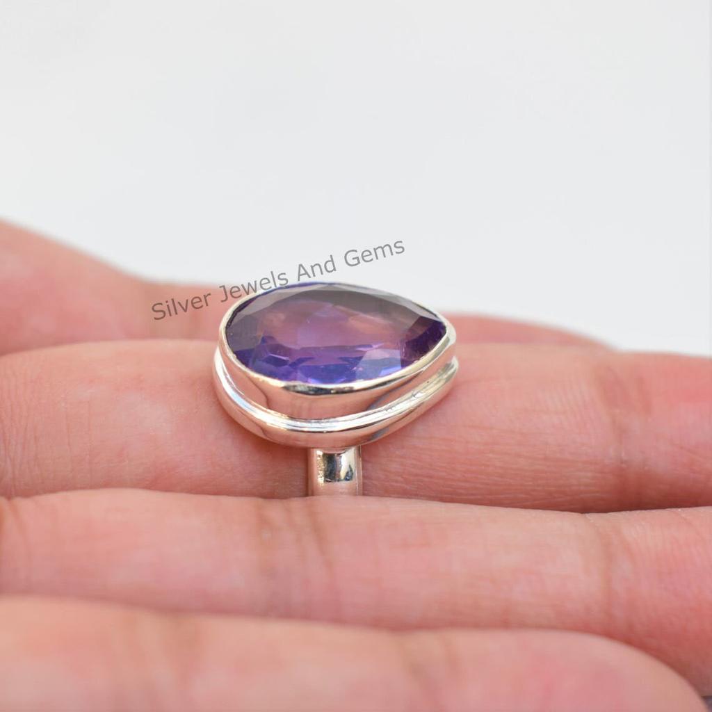 Teardrop Amethyst Ring: Natural 925 Sterling Silver, February Birthstone