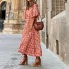Women Dress Geometric Print Large Hem Autumn Bohemian Ruffles Long Dress for Beach