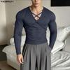 INCERUN Men Long Sleeve V Neck Bandage Fitted Casual Undershirts Tops T-shirts