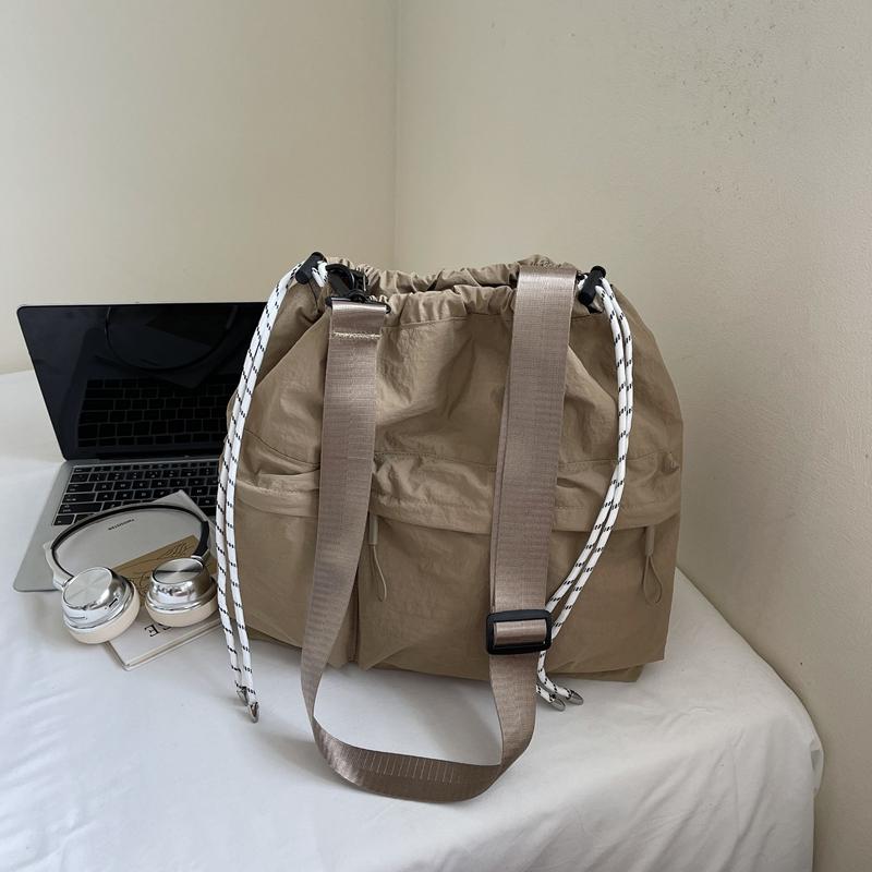 Large Capacity Drawstring Bag Women's Tote Bag Solid Color Shoulder Bag