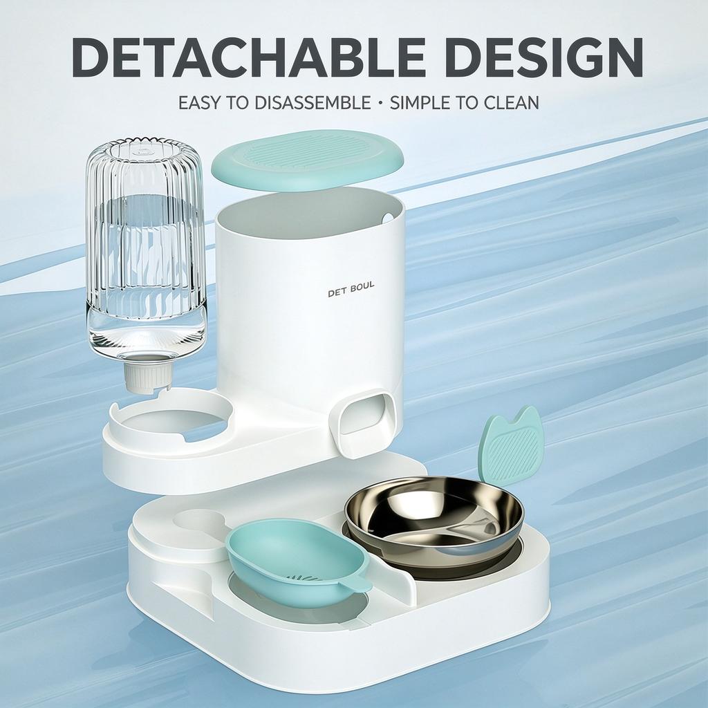 2-in-1 Automatic Cat Feeder and Water Dispenser, Gravity Pet Food Water Bowl Set, Stainless Steel Food Bowl for Cats and Small Dogs