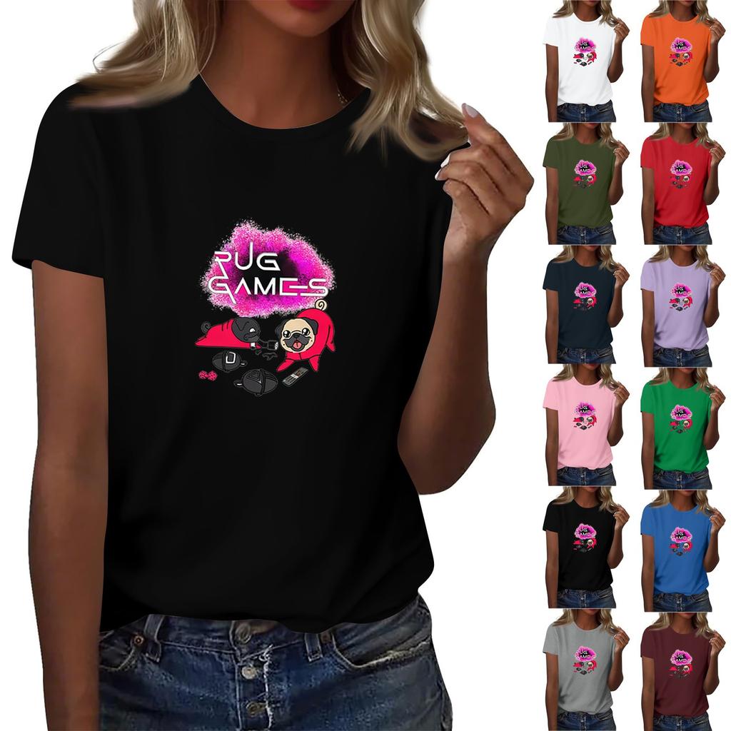 Damen Rundhals Bedrucktes Kurzarm T-Shirt Top