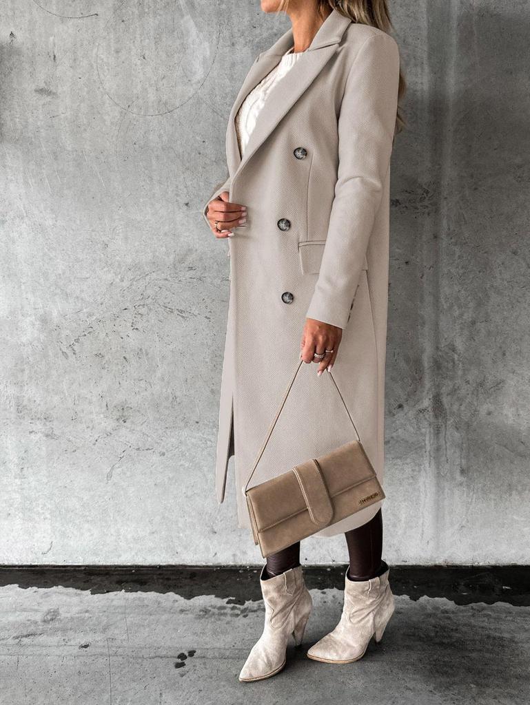 Women's Spring 2025 Versatile Woolen Double-Breasted Long Sleeve Coat with Welt Pockets