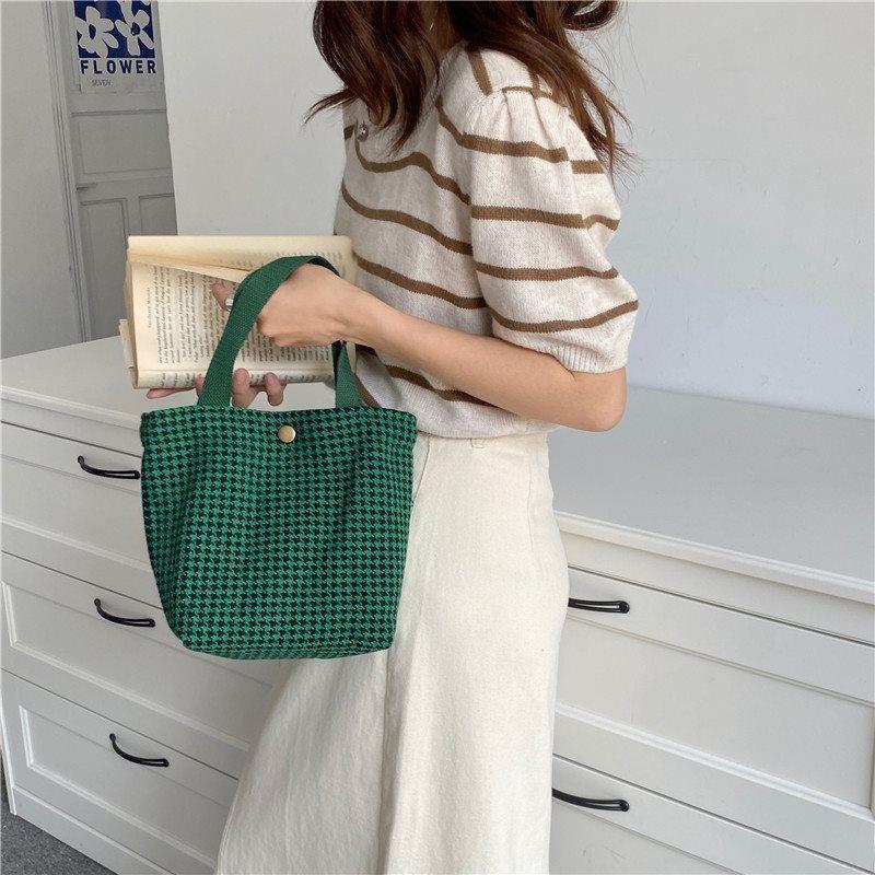 Stylish Ins Checkered Woolen Lunch Bag Chic Minimalist Tote For Everyday Use