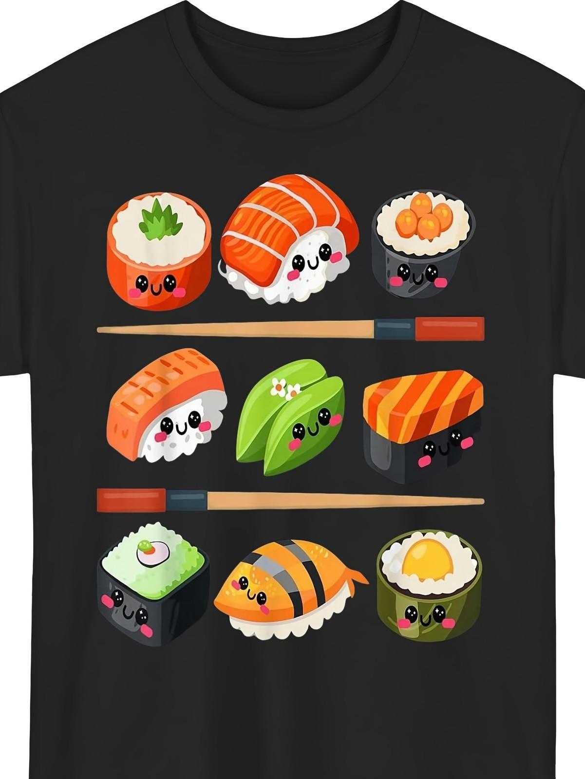 Happy Sushi Anime Kawaii Set Japanese Food Lover Otaku Manga T-Shirt Same St S