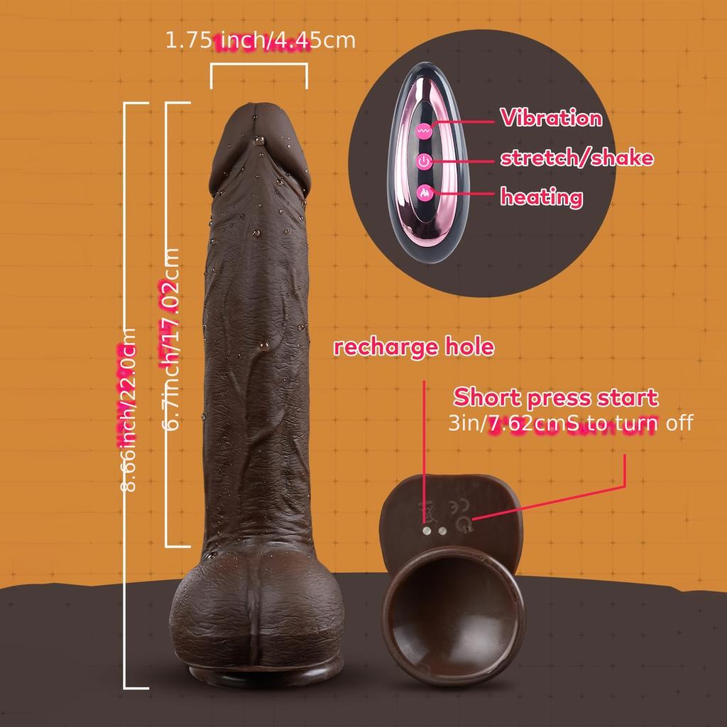 Soft Silicone Feels Like Skin,Huge Strong Suction Cup For Hands-free Play,Infrared Remote Control Heating Massage,Telescoping And Vibration Functions