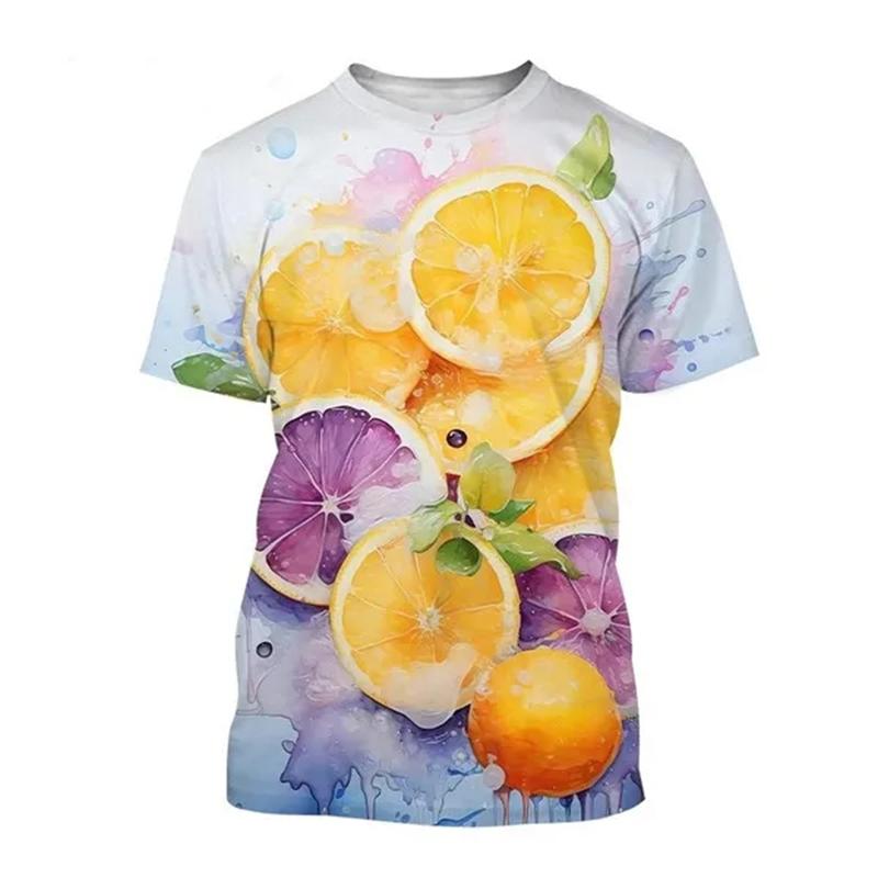 Summer Round Neck 3D Fruit Lemon Pattern Print Top Fashionable Casual Short Sleeved Men's and Women's Unisex T-shirts