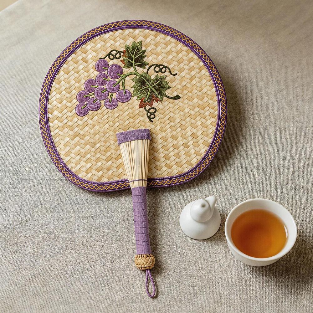 Embroidered Hand-Cranked Fan Traditional Straw Woven Fan Portable Manual Fan Photography Prop Style 1