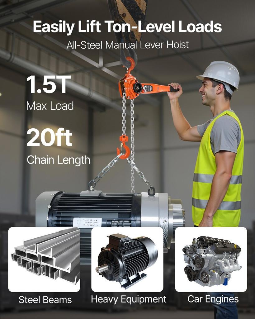 Manual Lever Chain Hoist, 1-1/2T 1500KG Capacity Heavy Duty Come Along, 6M Lift G80 Alloy Steel Chain With Dual Pawl Mechanical Brake, 360° Rotating