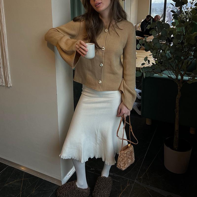 Casual Knit Solid Women Cardigan Fashion Flare Long Sleeve Single Breasted O-neck Female Sweater Autumn Lady Knitwear New