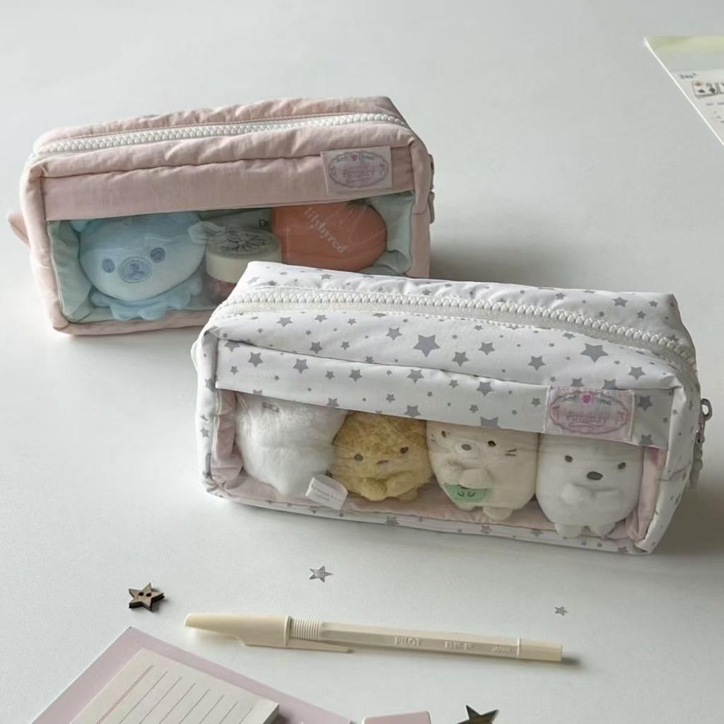 Causal Cute Pencil Case Tranpsarent Windows Badge Pin Displaying Stationery Organizer Large Capacity Pen Bag Back To School