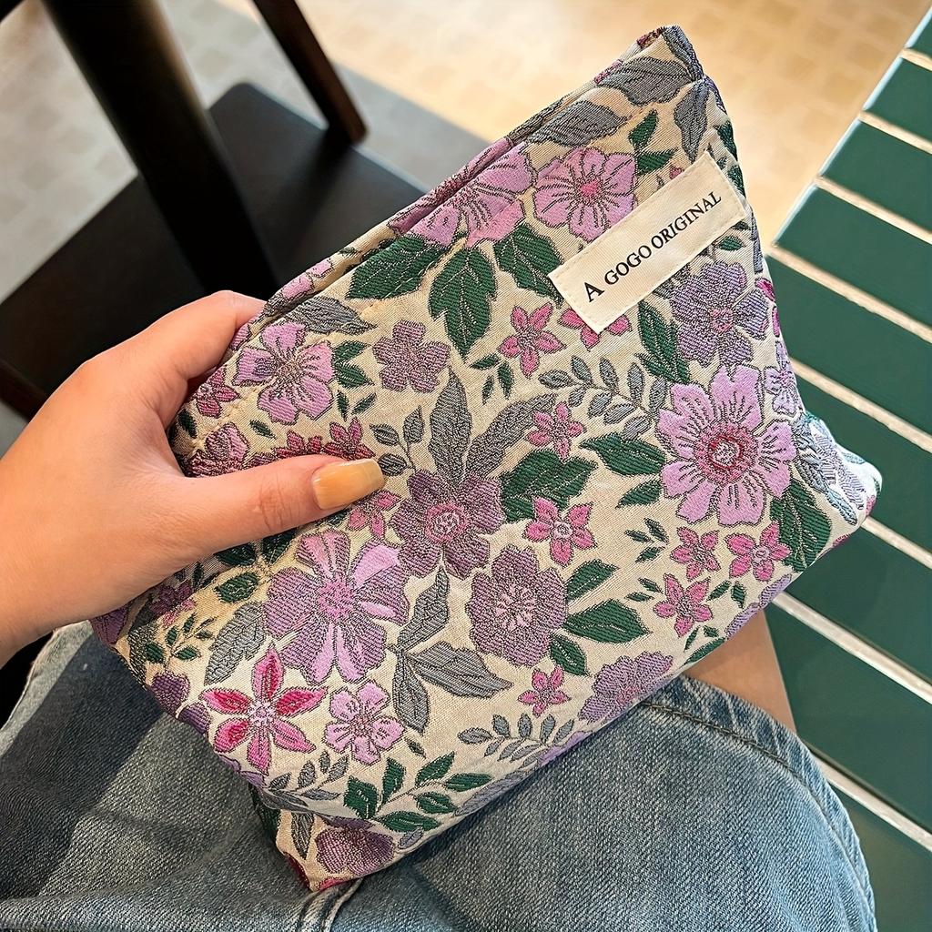 Large Capacity Cosmetic Bag with Purple Flower Print, Travel Makeup Organizer & Brush Pouch, Wash Bag Gift for Women Students