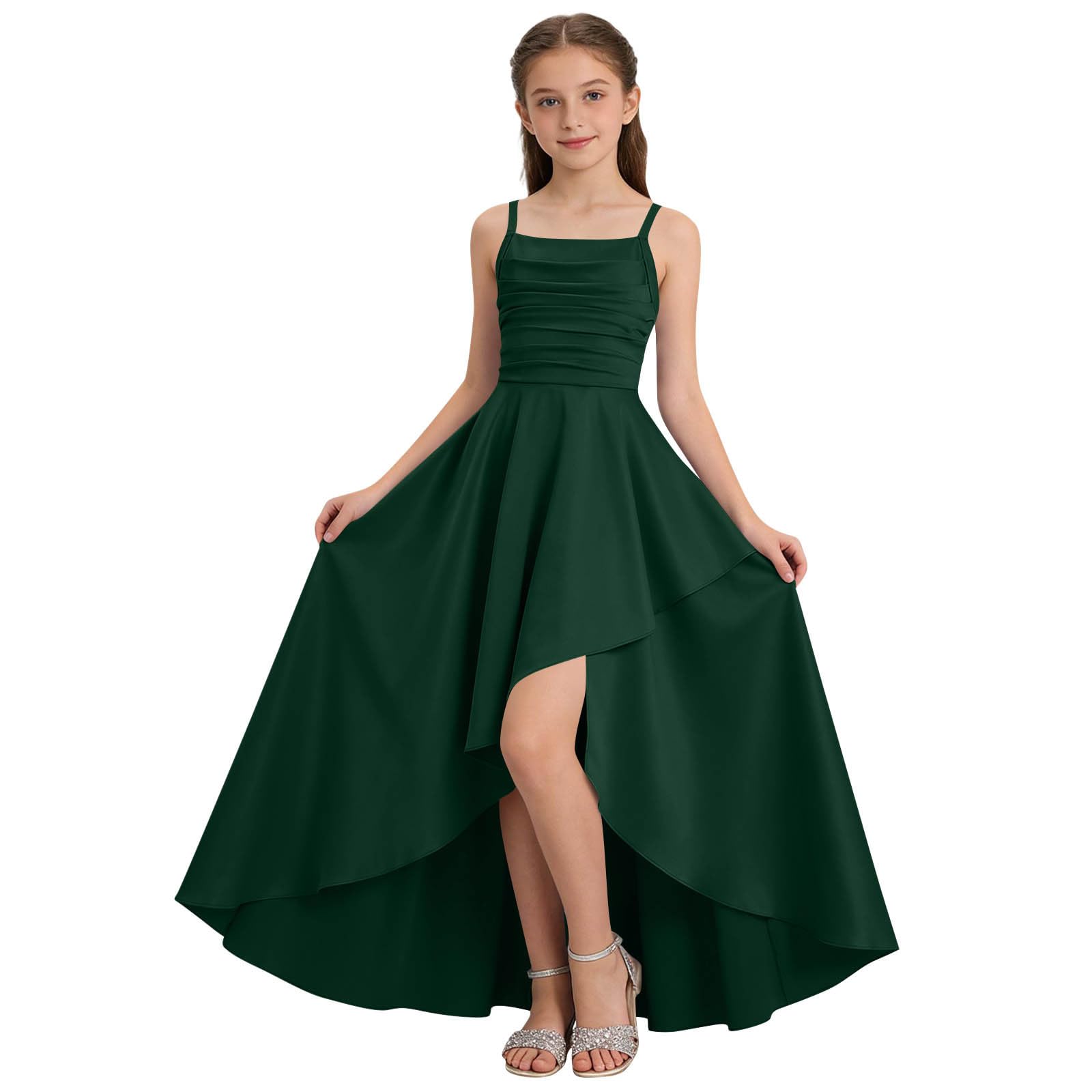 

Girls Sleeveless High Low Formal Dress with Spaghetti Straps Ruched Bodice Asymmetric Hem Evening Gown for Special Occasions 150