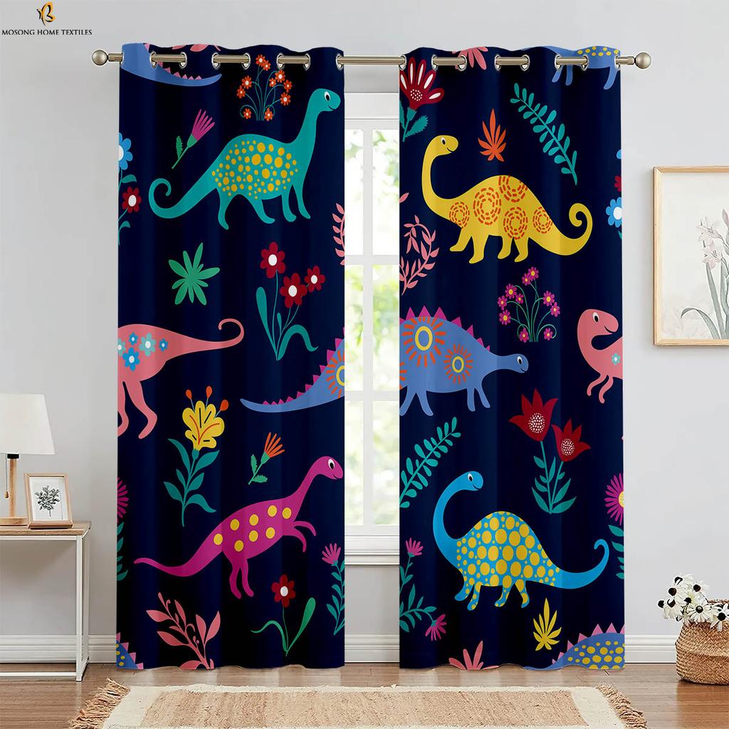 Set Of 2 Black White Dinosaur Cartoon Print Curtains Polyester Bedroom Living Room Kitchen Kids Decorative Curtain For Made