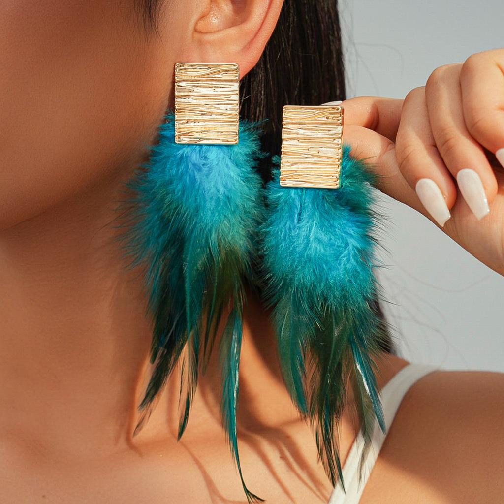 European and American exaggerated feather fringed square silver needle earrings Bohemian retro niche earrings