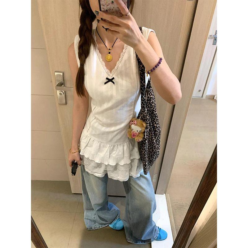 Plus-Size French Lace Trim Camisole Top for Women, Summer New Style, Loose Fit, Slimming Sleeveless Short Dress