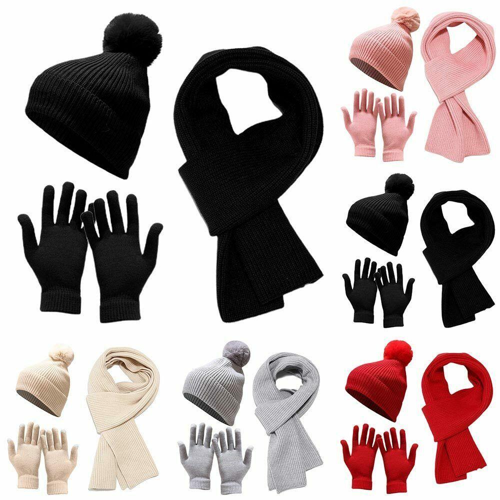 Fashion Winter Thick Knitted Beanie Cap Hat Scarf Gloves Set Ladies Hat Touchscreen Gloves Warm